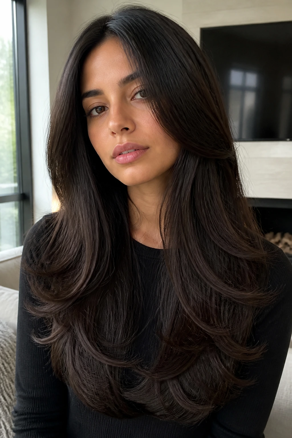Close-up of a real woman with thick hair and heavy bottom layers under natural light