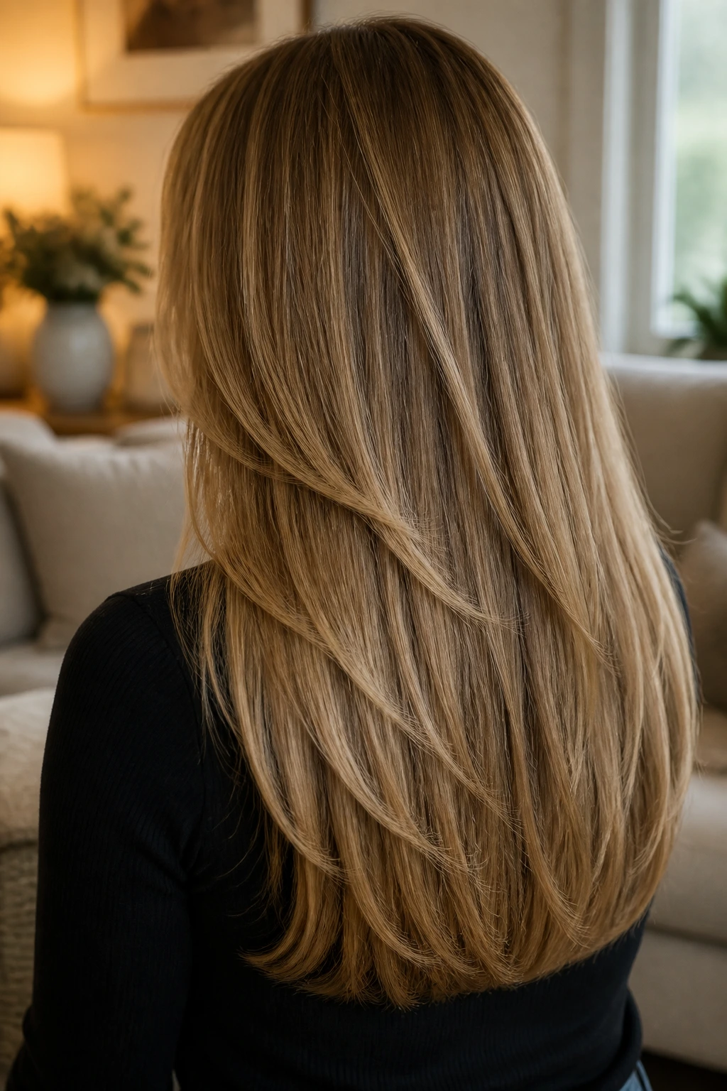 Back-of-head view of a woman with a heavy bottom line and layers