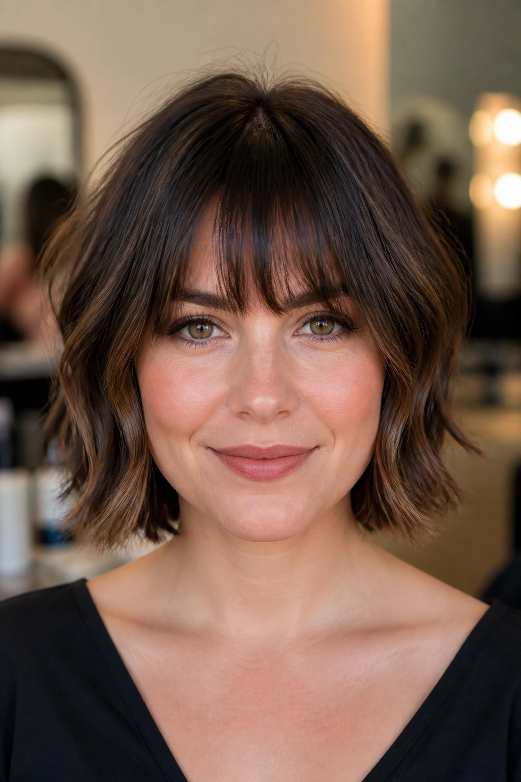 Real woman with heavy center fringe and light edges in a salon