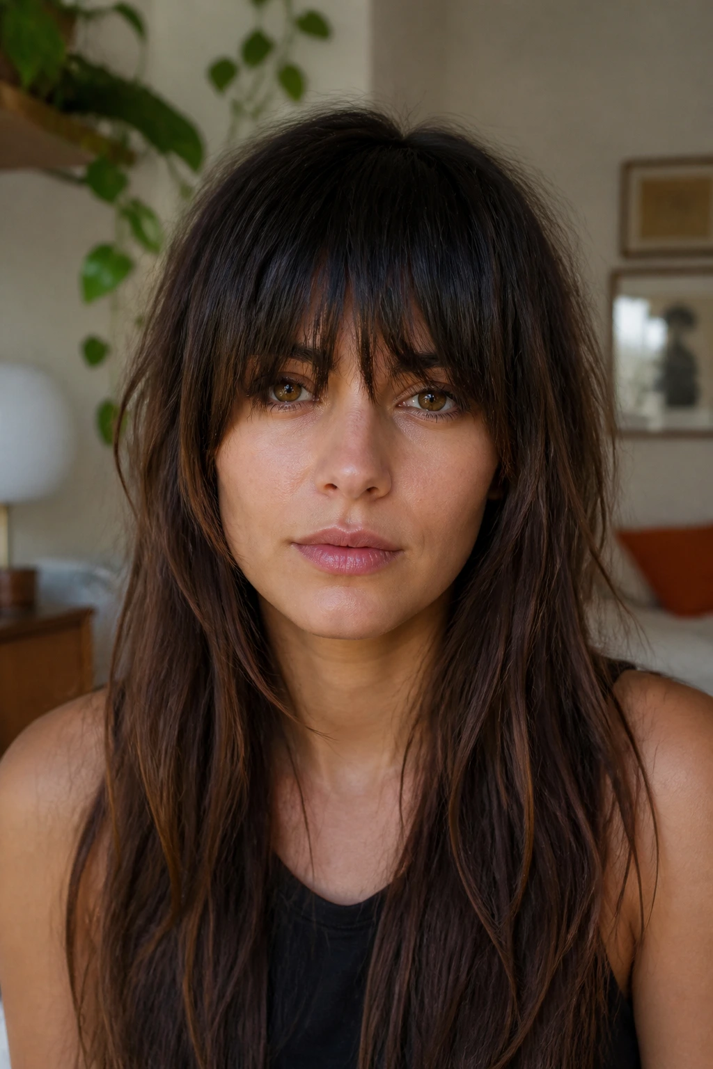 Close-up portrait of a woman with heavy choppy fringe and broken ends