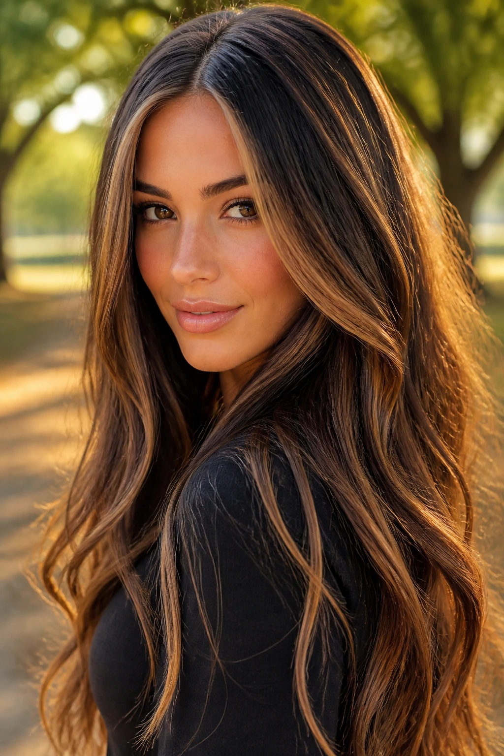 Portrait of a real woman with heavy caramel ribbons in hair in golden hour light