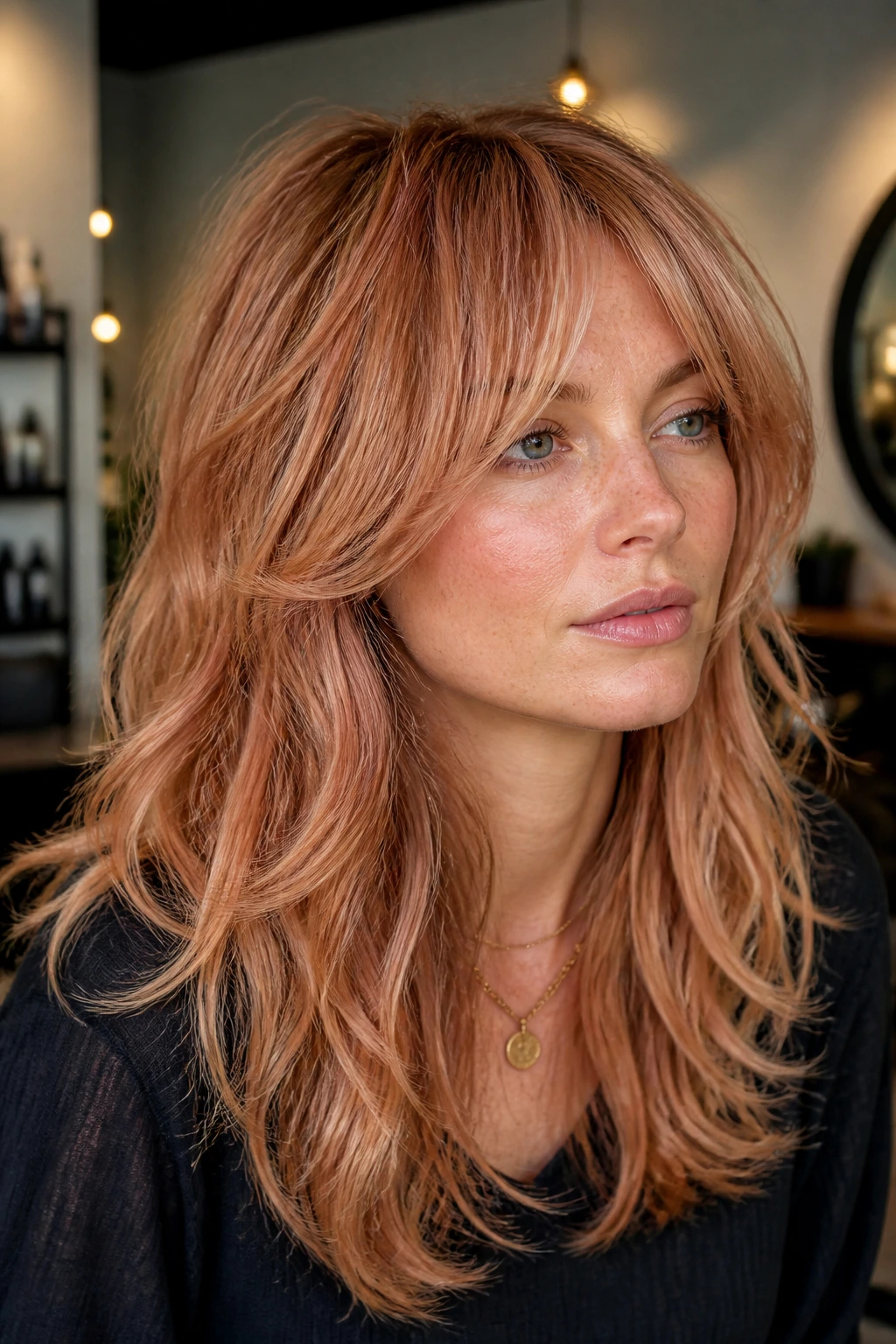 Portrait of a real person with heavy-crown shag for dense hair in strawberry blonde