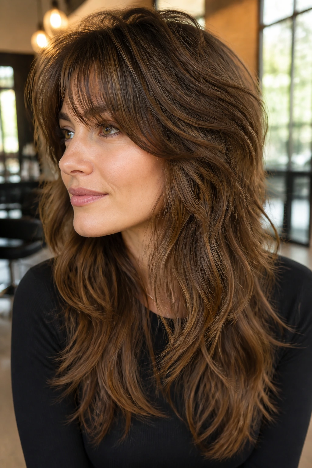 Close-up portrait of a real woman with a heavy crown shag showing lift at the crown and long wavy mid-lengths