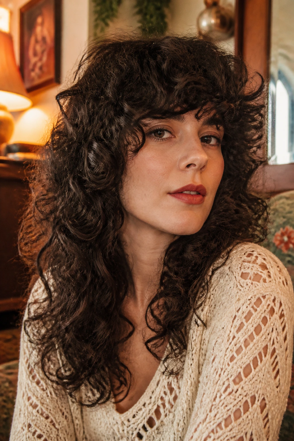 Close-up portrait of a real woman with a retro heavy curly fringe in a vintage-inspired room
