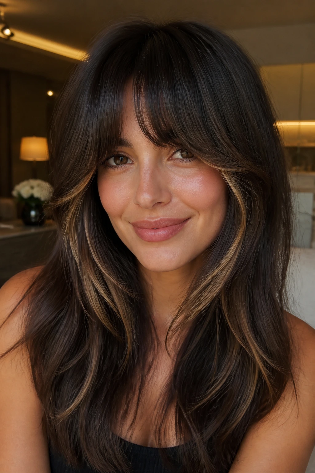 Close-up of a real woman with heavy curtain bangs on dense hair under warm indoor lighting