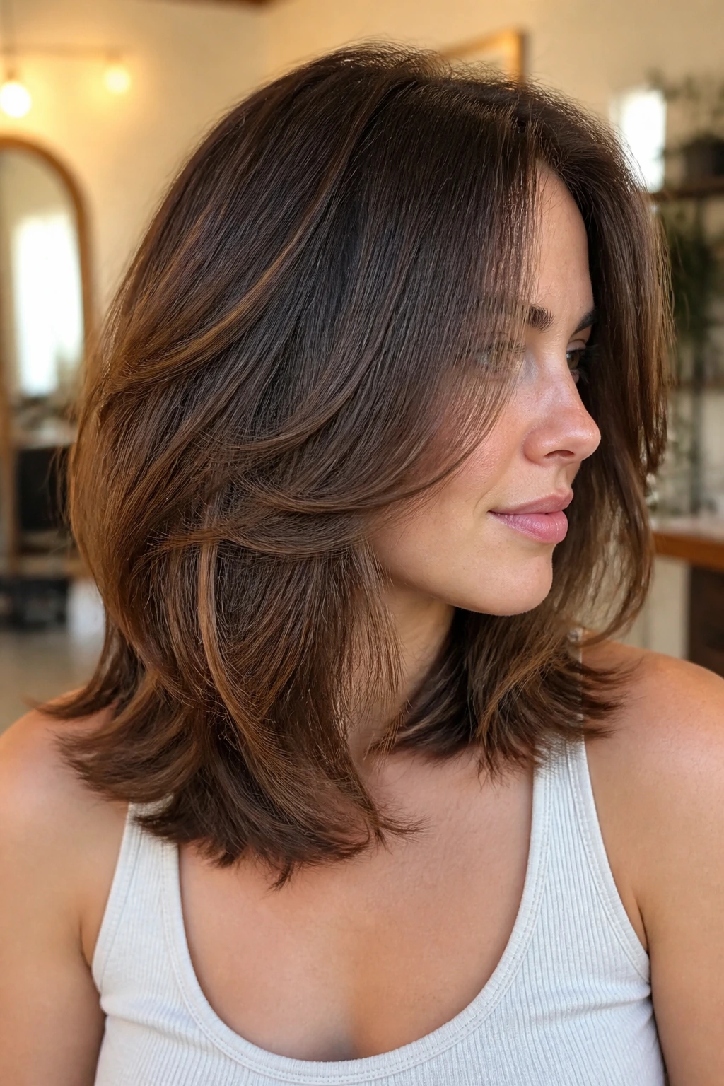 Real woman with thick hair showing heavy-duty layers at shoulder length