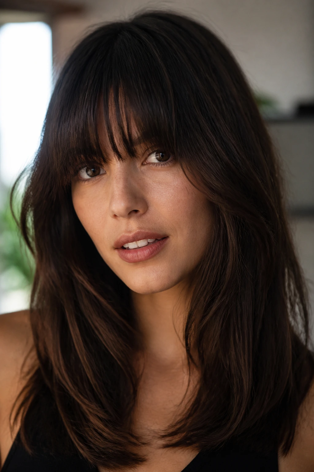 Close-up portrait of a real person with heavy-end bangs and dense bottom fringe