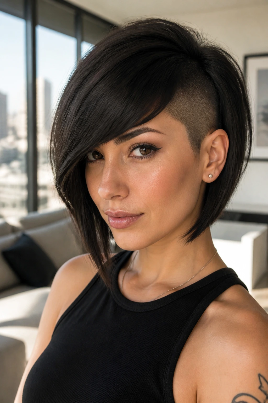 Portrait of a real woman with heavy fringe and shaved side in warm natural light.