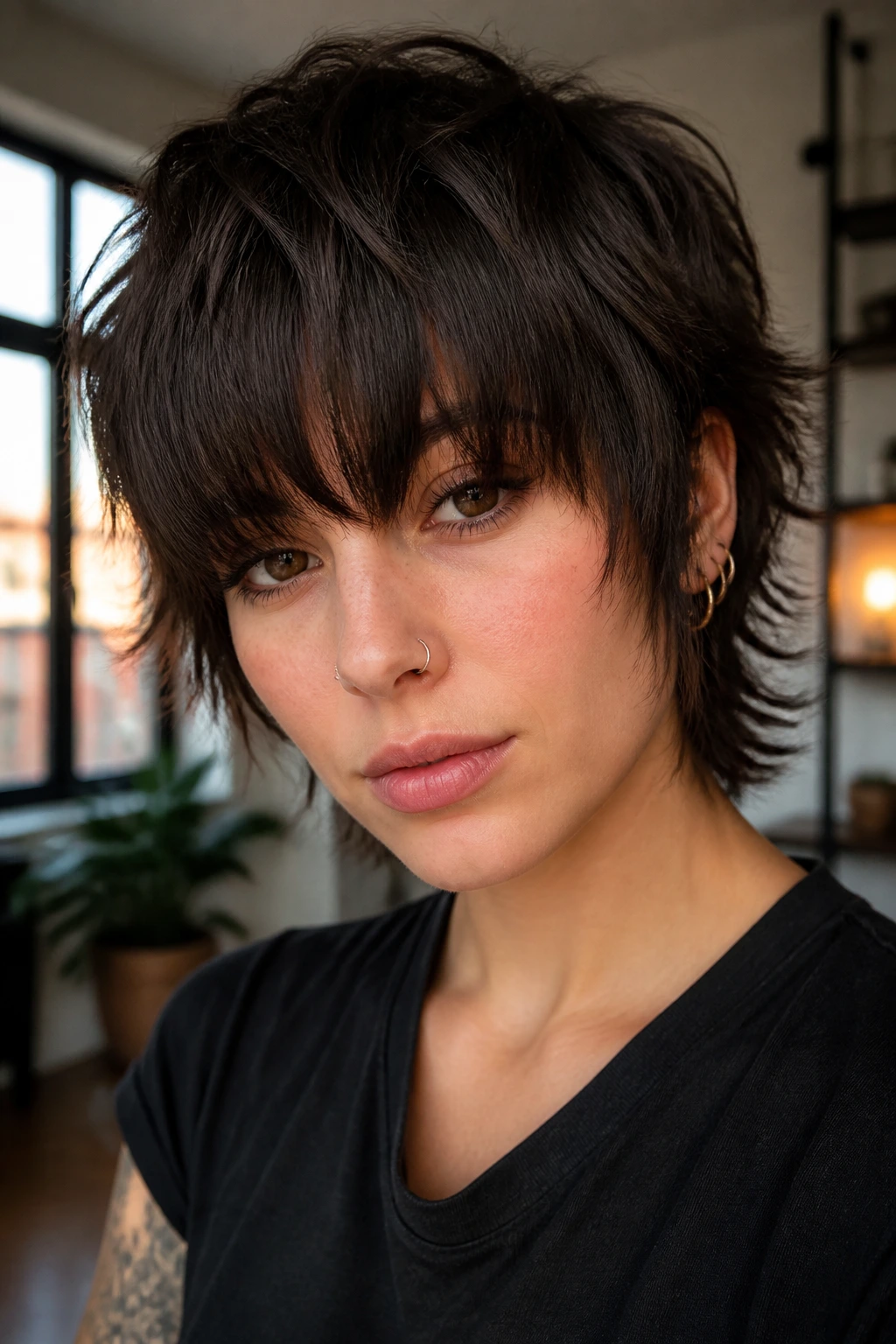 Real woman with heavy fringe crop and short shaggy sides