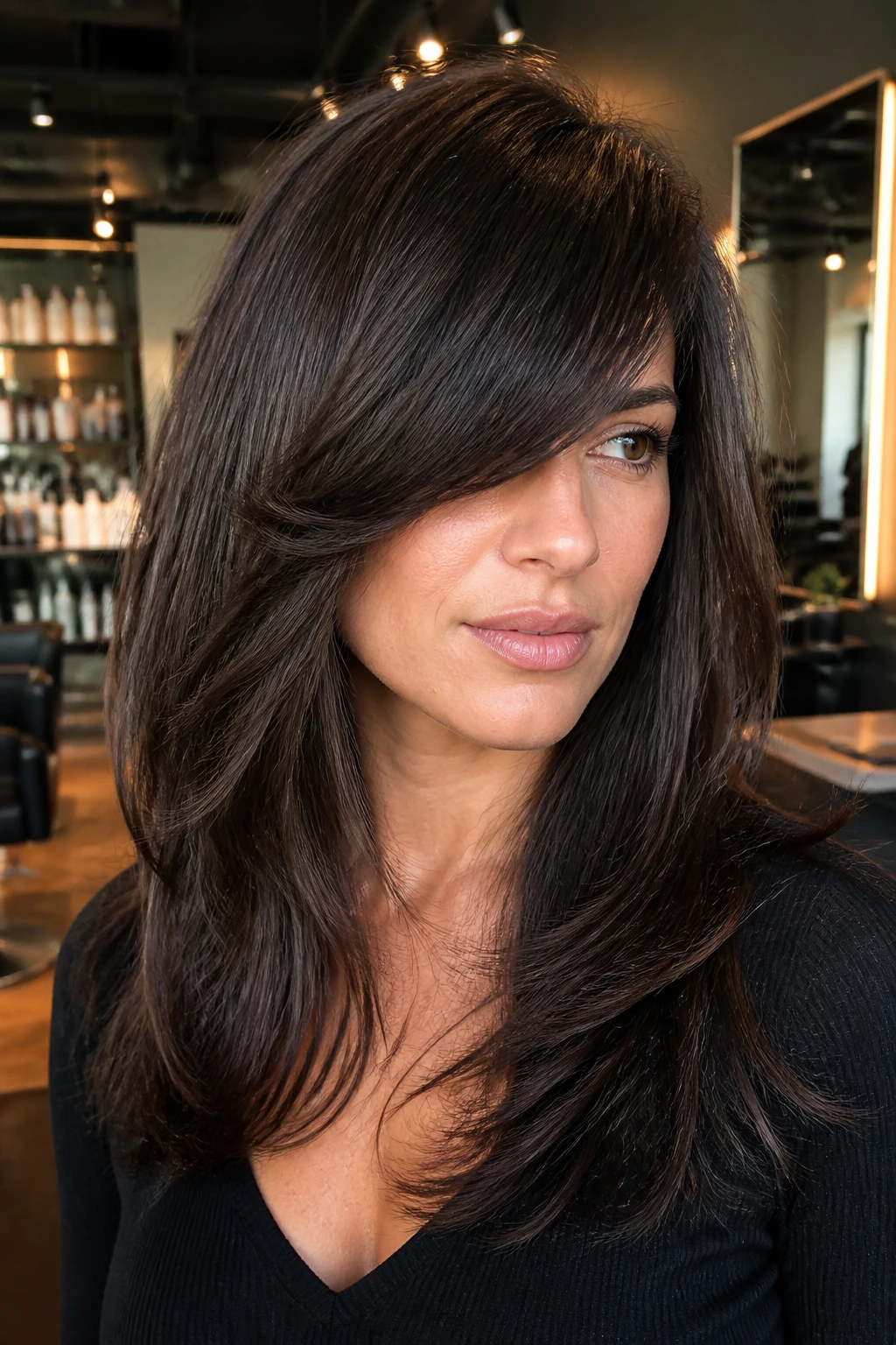 Close-up portrait of a real woman with a heavy side fringe in a salon setting