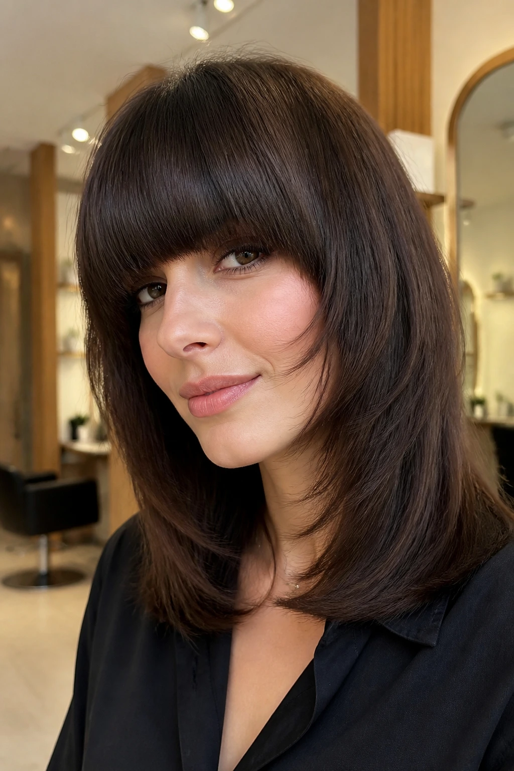 Close-up portrait of a real woman with heavy fringe and hidden internal layers under salon lighting.