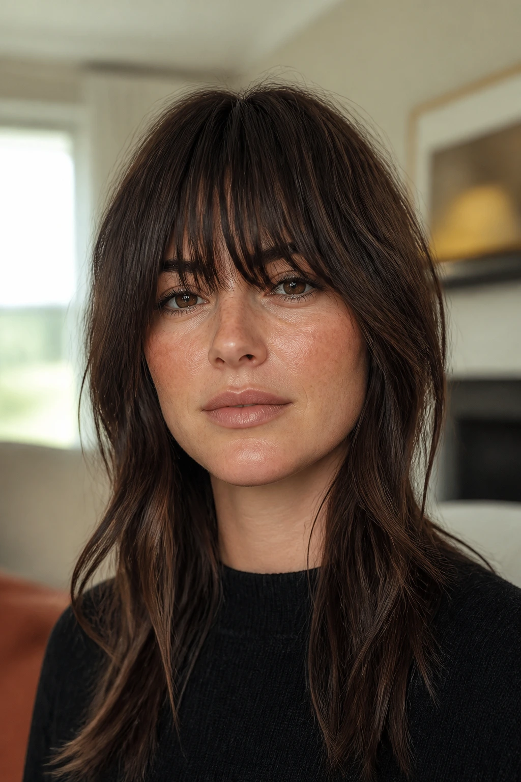 Portrait of a person with a heavy fringe and long side pieces