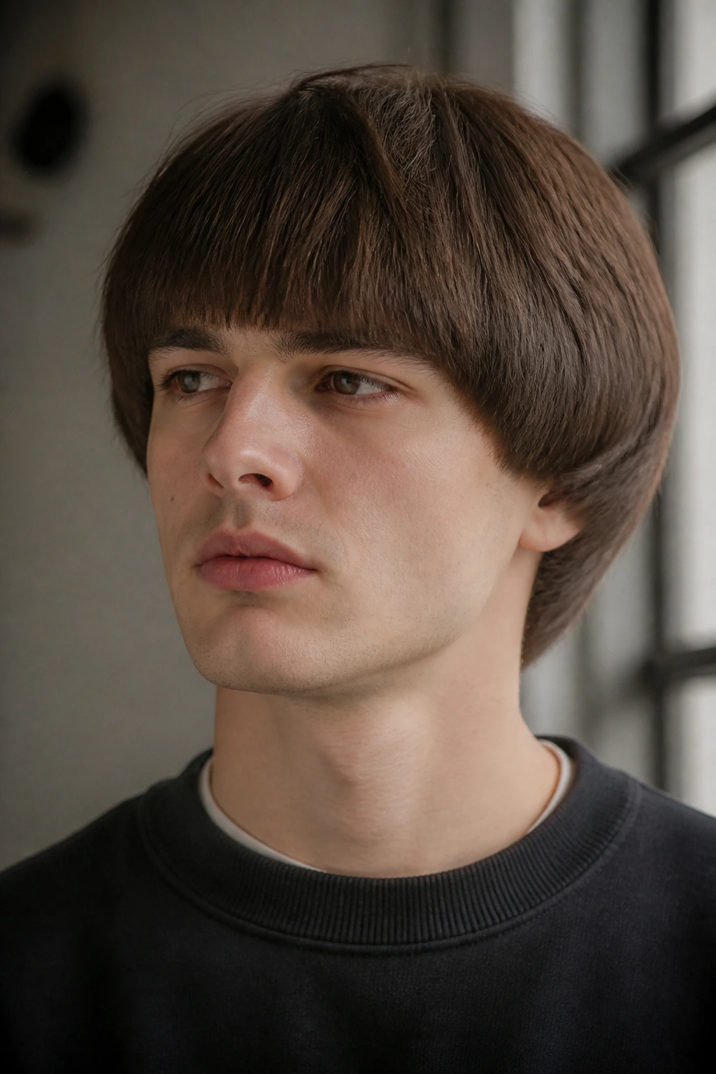 Close-up portrait of a real man with Heavy Fringe Pageboy With Hidden Interior Layers, blunt fringe and hidden interior layers.