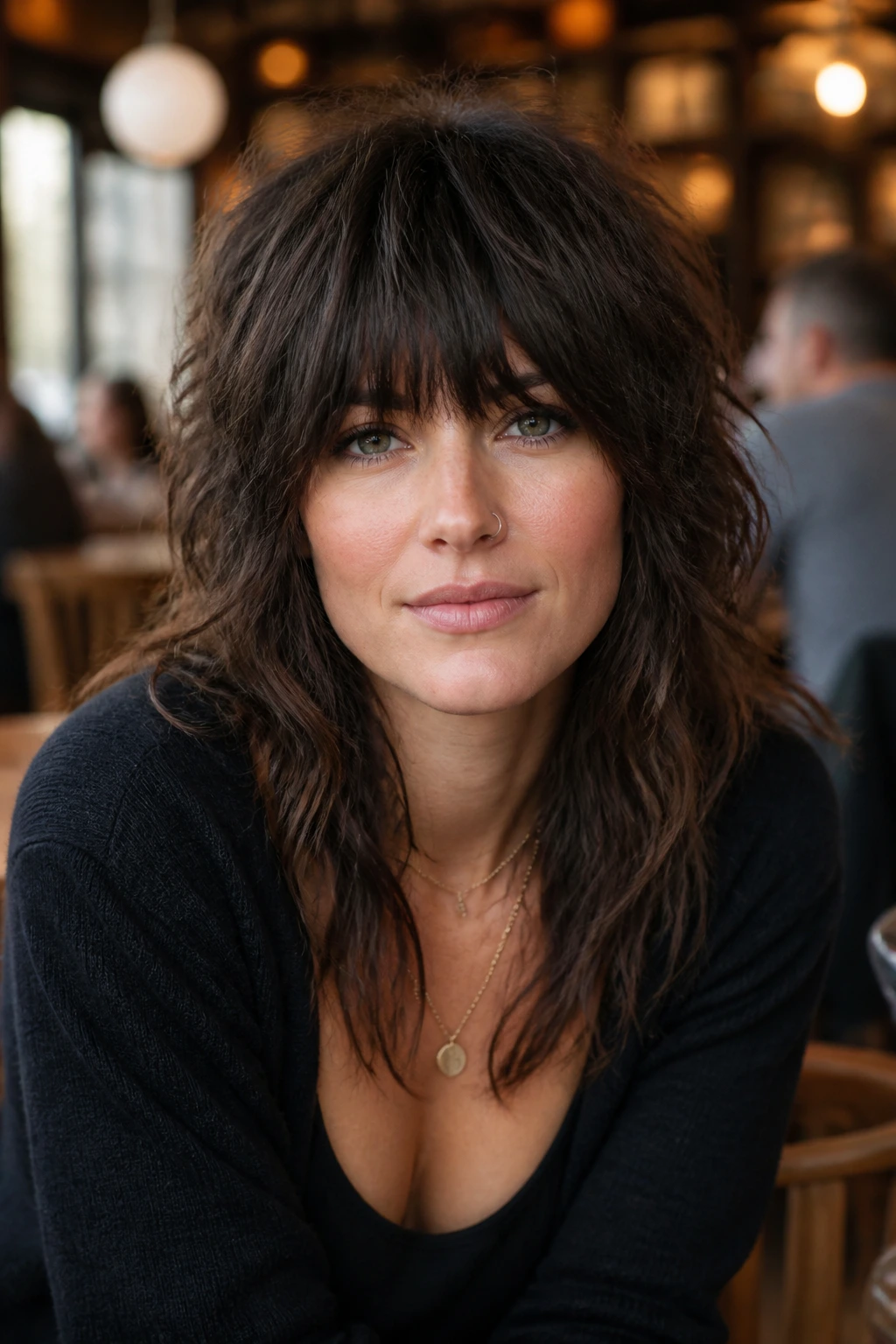 Close-up of a real woman with a heavy fringe shag and textured waves.