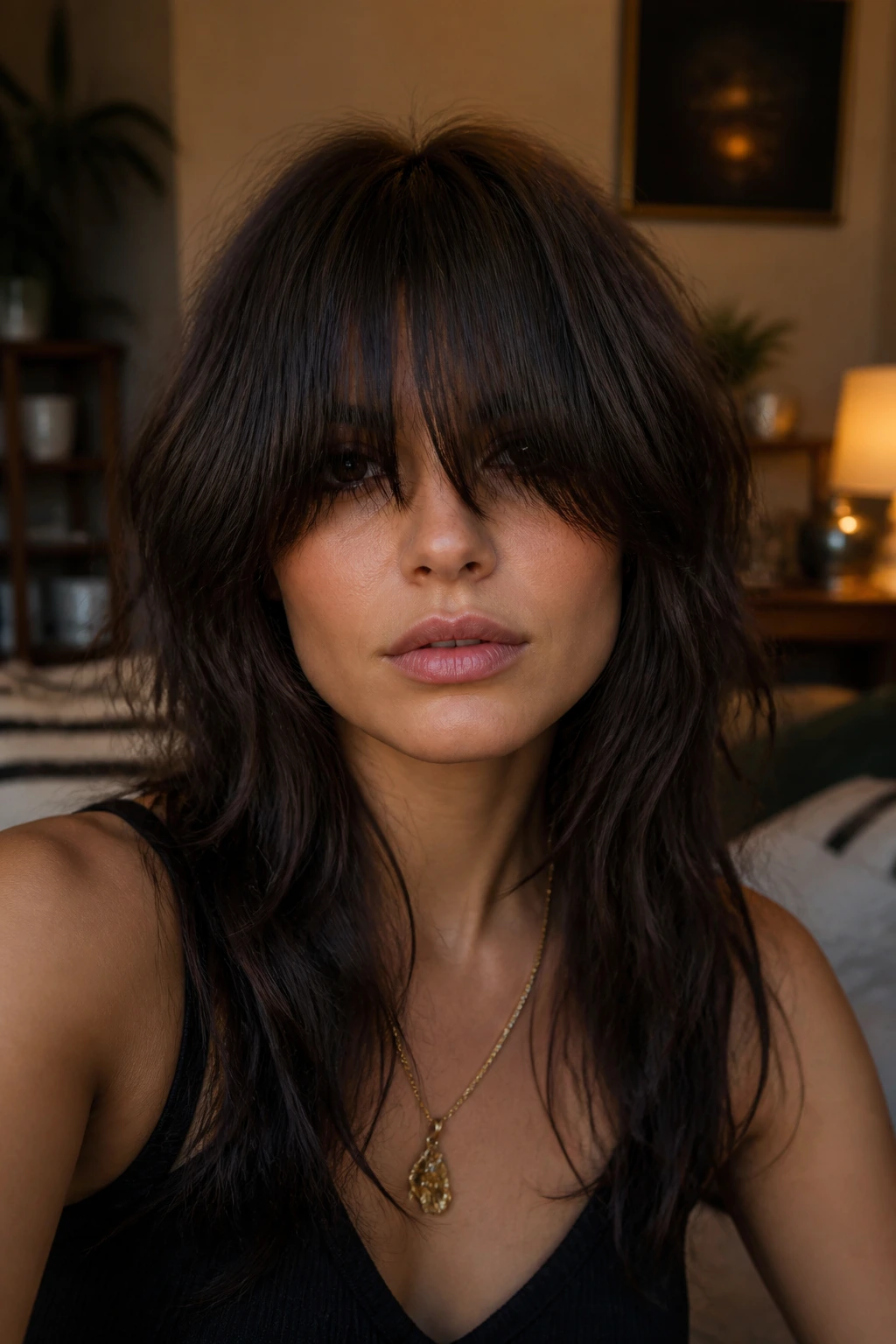 Close-up portrait of a real person with heavy fringe shag bangs