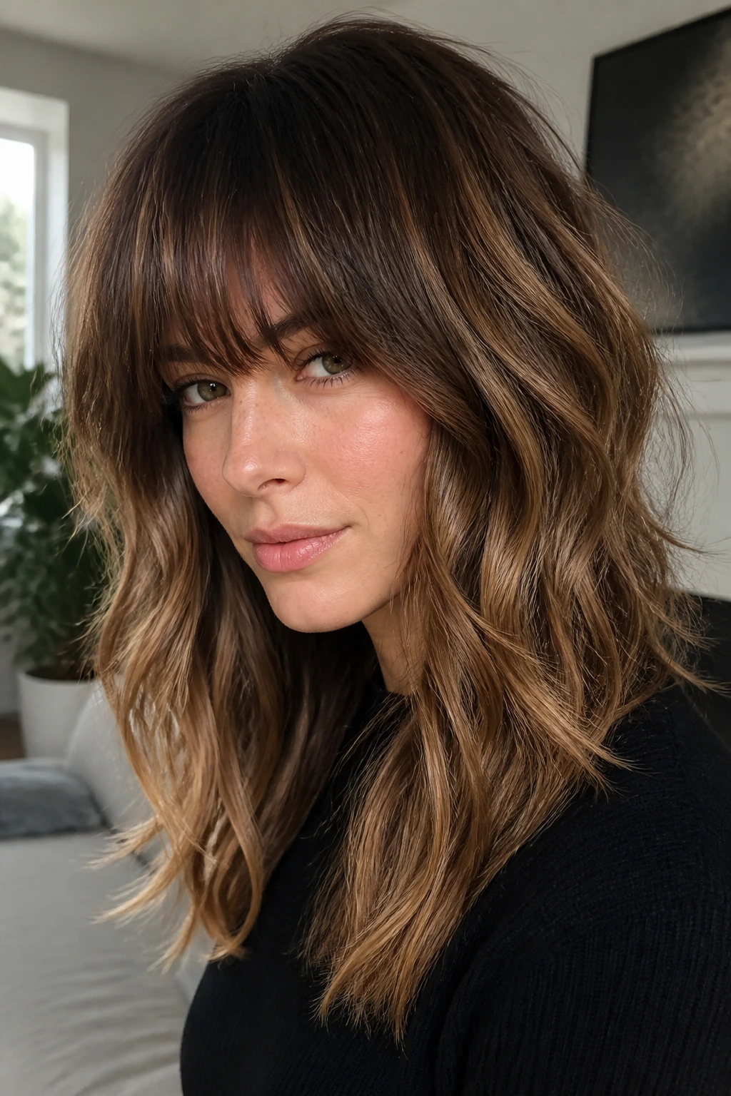 Close-up portrait of a real person with a heavy fringe and low-contrast caramel highlights.