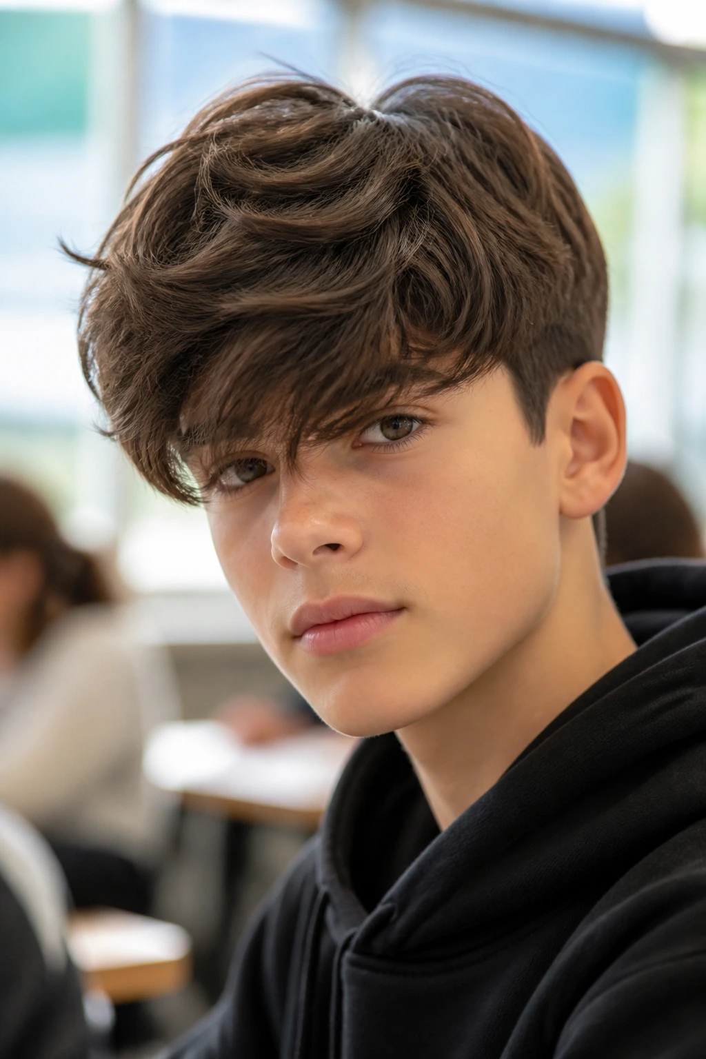 Close-up of a boy with a heavy fringe swoop hairstyle indoors in daylight