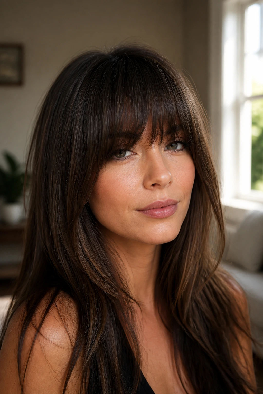 Close-up portrait of a real woman with heavy fringe and tapered sides, long hair, warm natural light