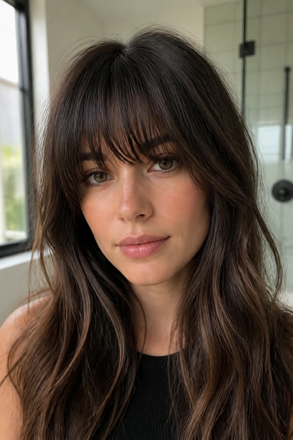 Close-up of a real woman wearing a dense-looking fringe with hidden texture