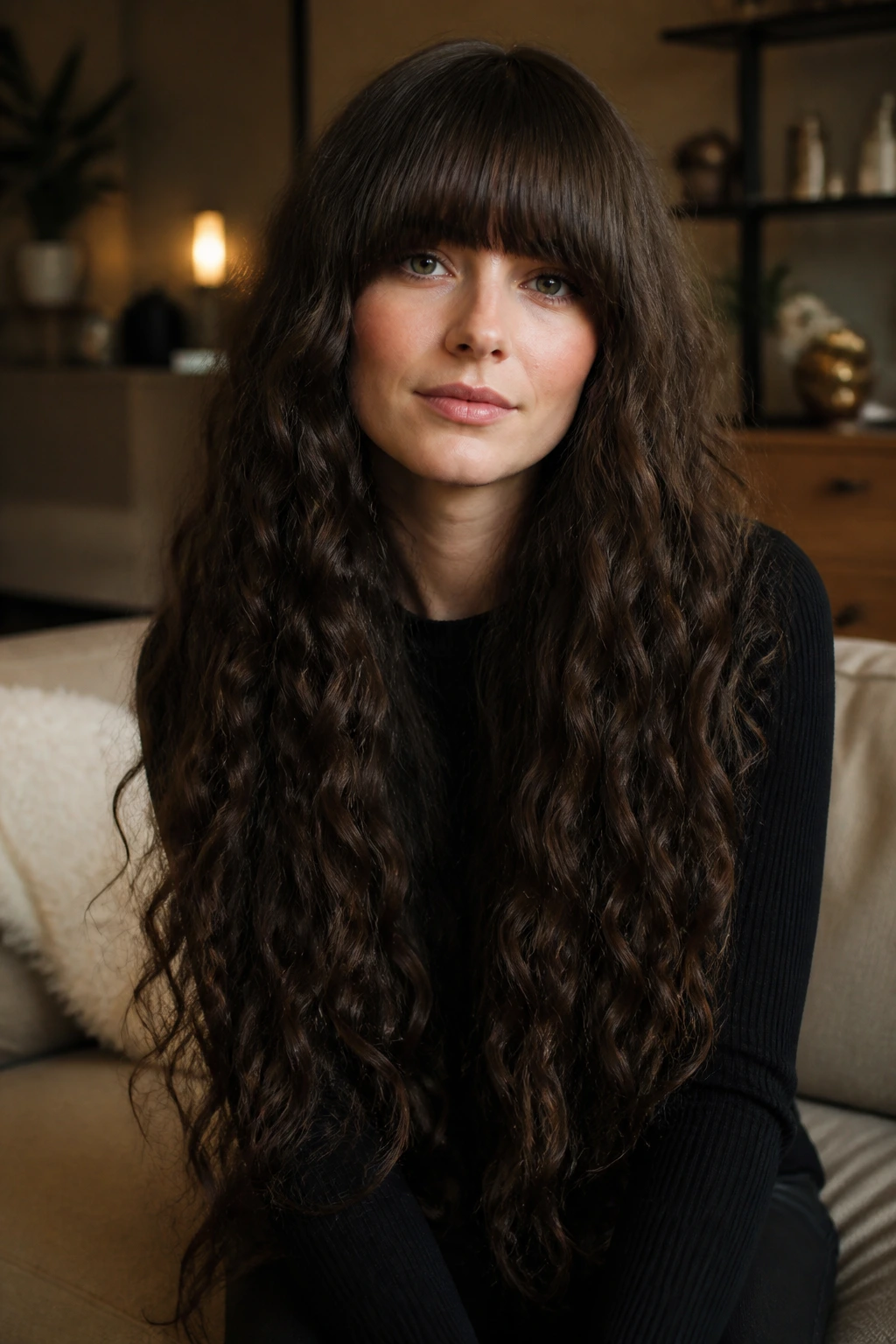 Close-up of a woman with heavy fringe and waist-length curls