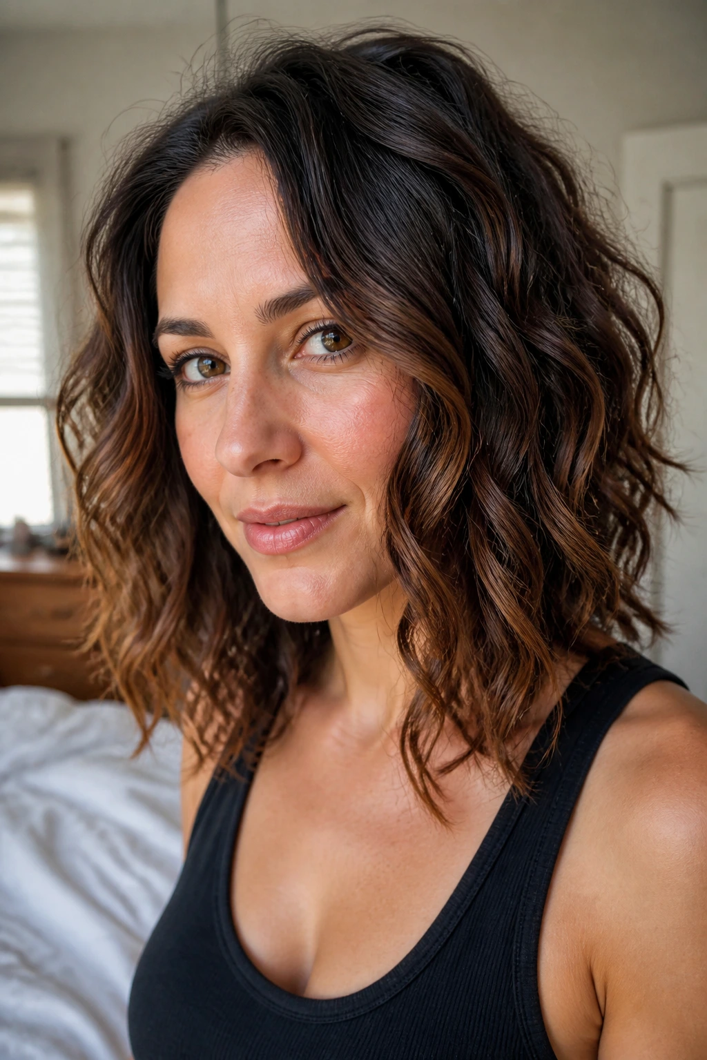 Close-up of a real woman's shoulder-length curly hairstyle with a heavy front and lighter back