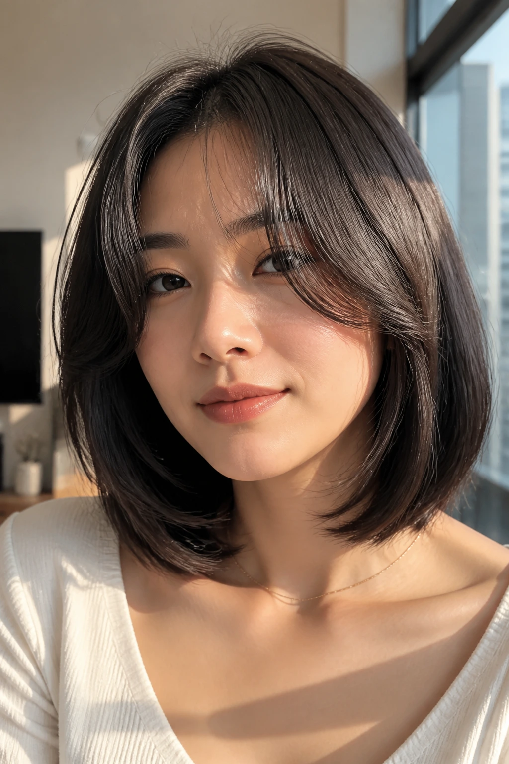 Portrait of a real woman with a heavy, debulked thick hair bob and long curtain bangs