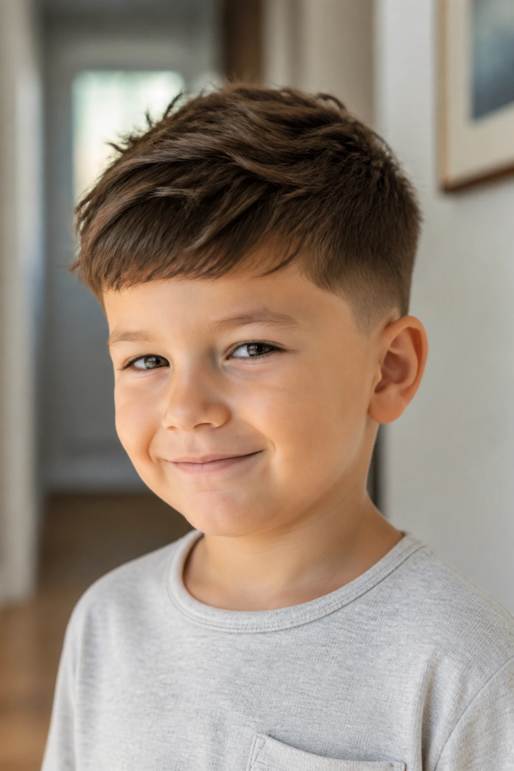 Child with low taper haircut simplifying heavy hair