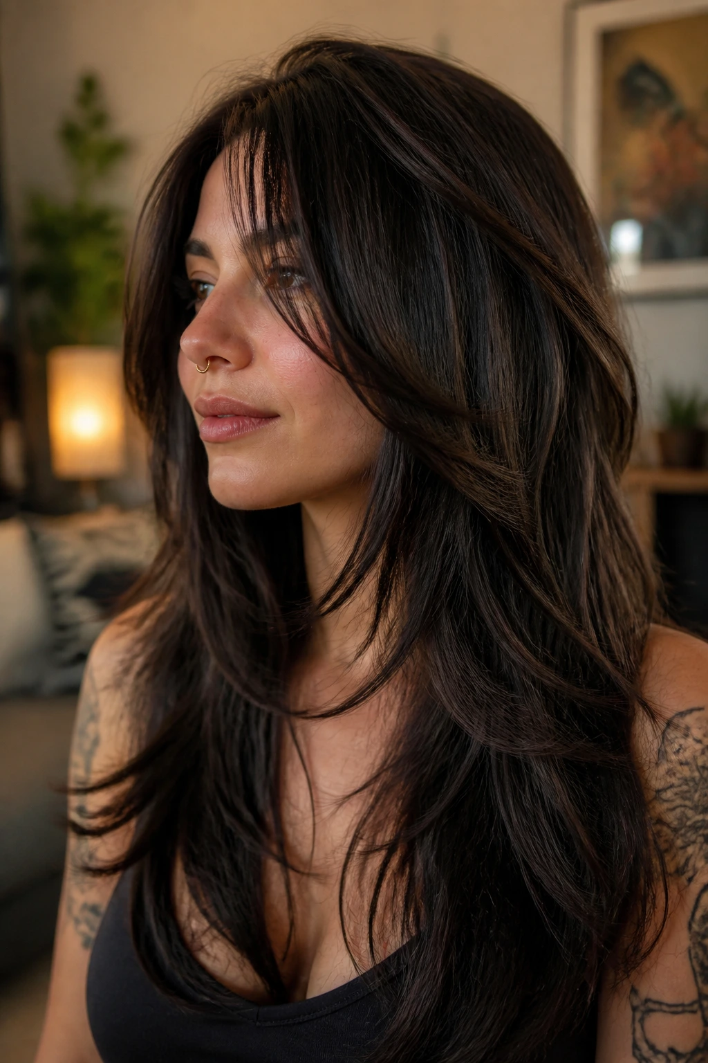 Real person with long, layered hair and strategically placed face-framing layers