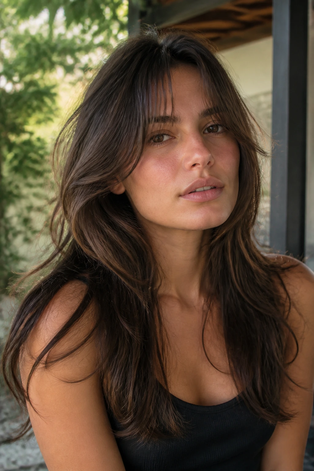 Medium close-up portrait of a real woman with heavy-length cut featuring feathered front