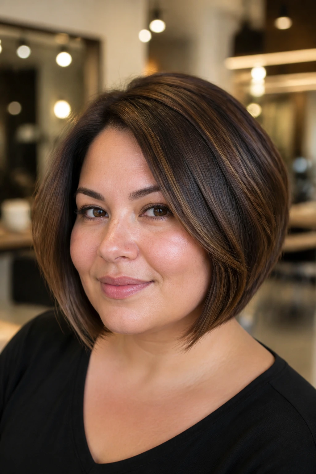 Portrait of a woman with a structured thick bob and strong front angle