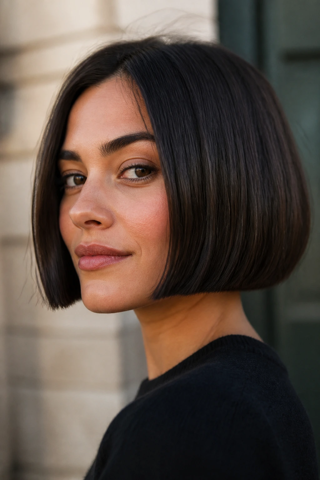Portrait of a woman with a crisp chin-length blunt bob