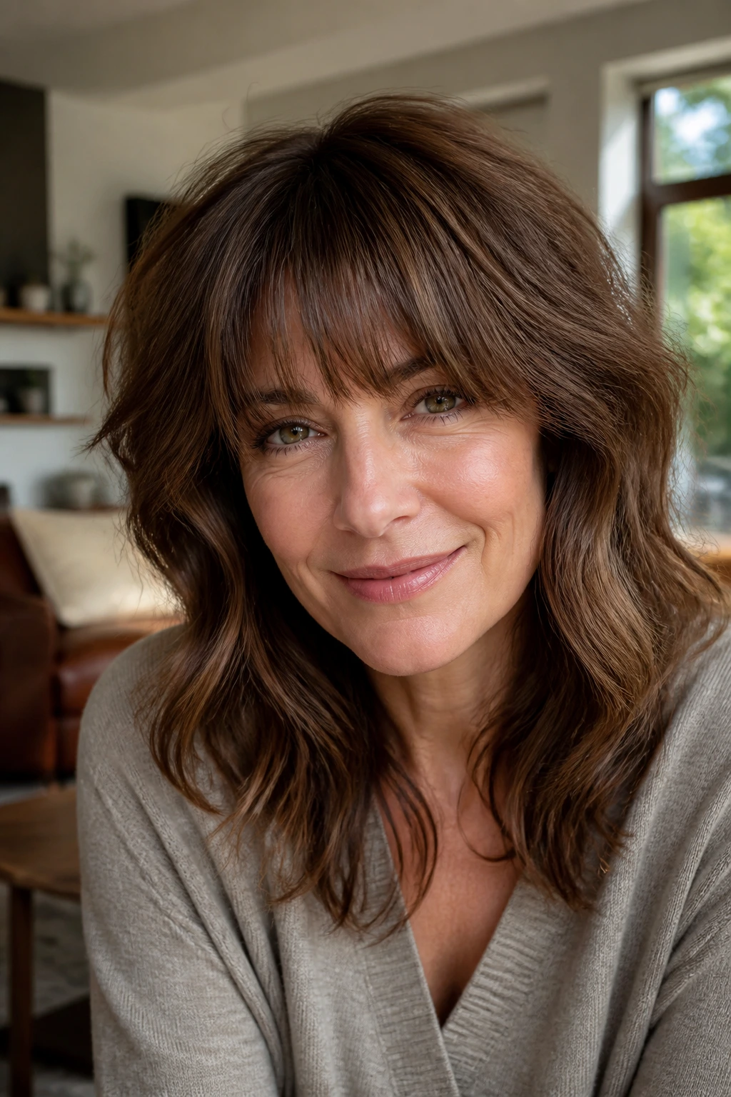 Close-up of a real woman with a heavy-lite fringe in a living room setting