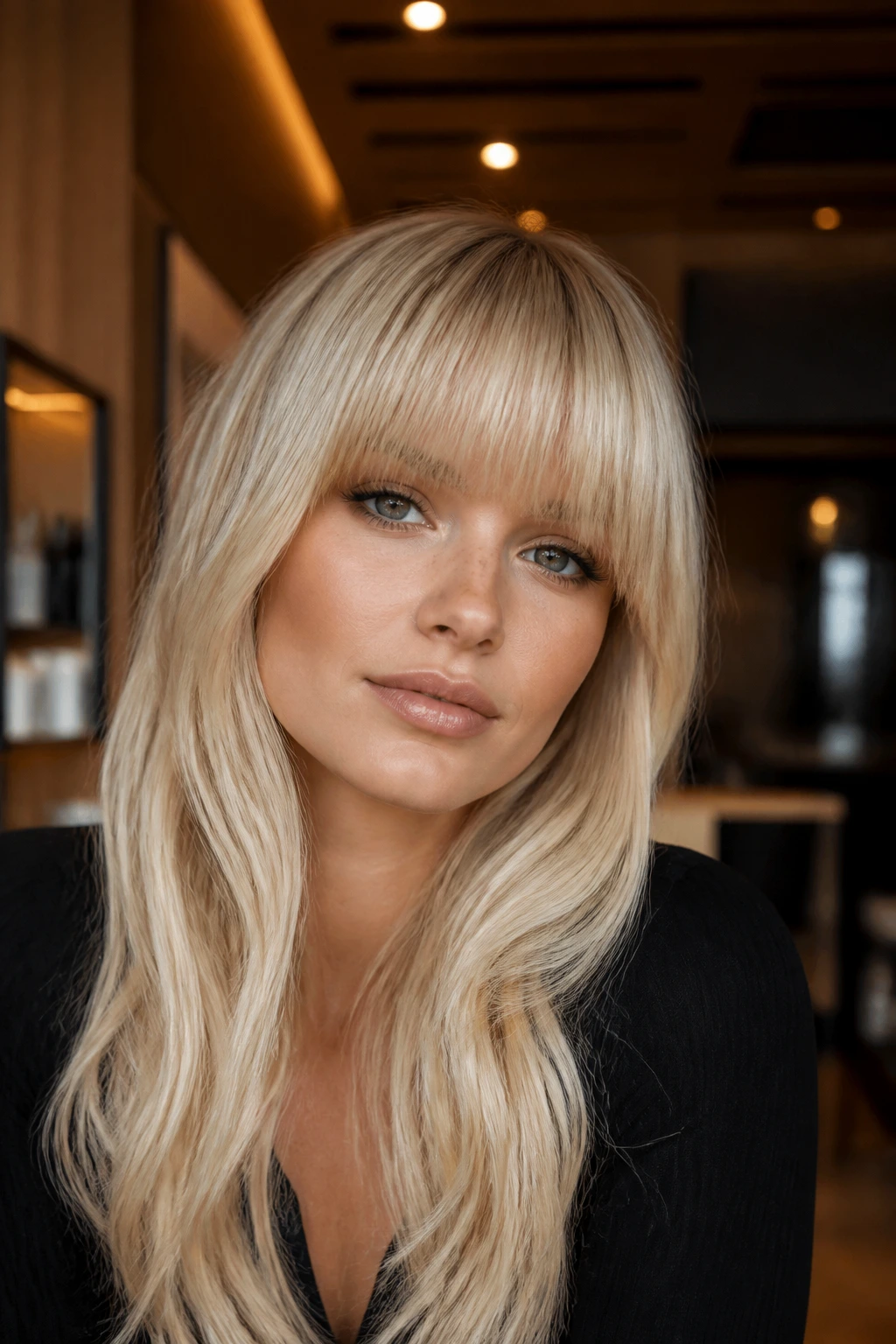 Real woman with thick blunt bangs in cool blonde