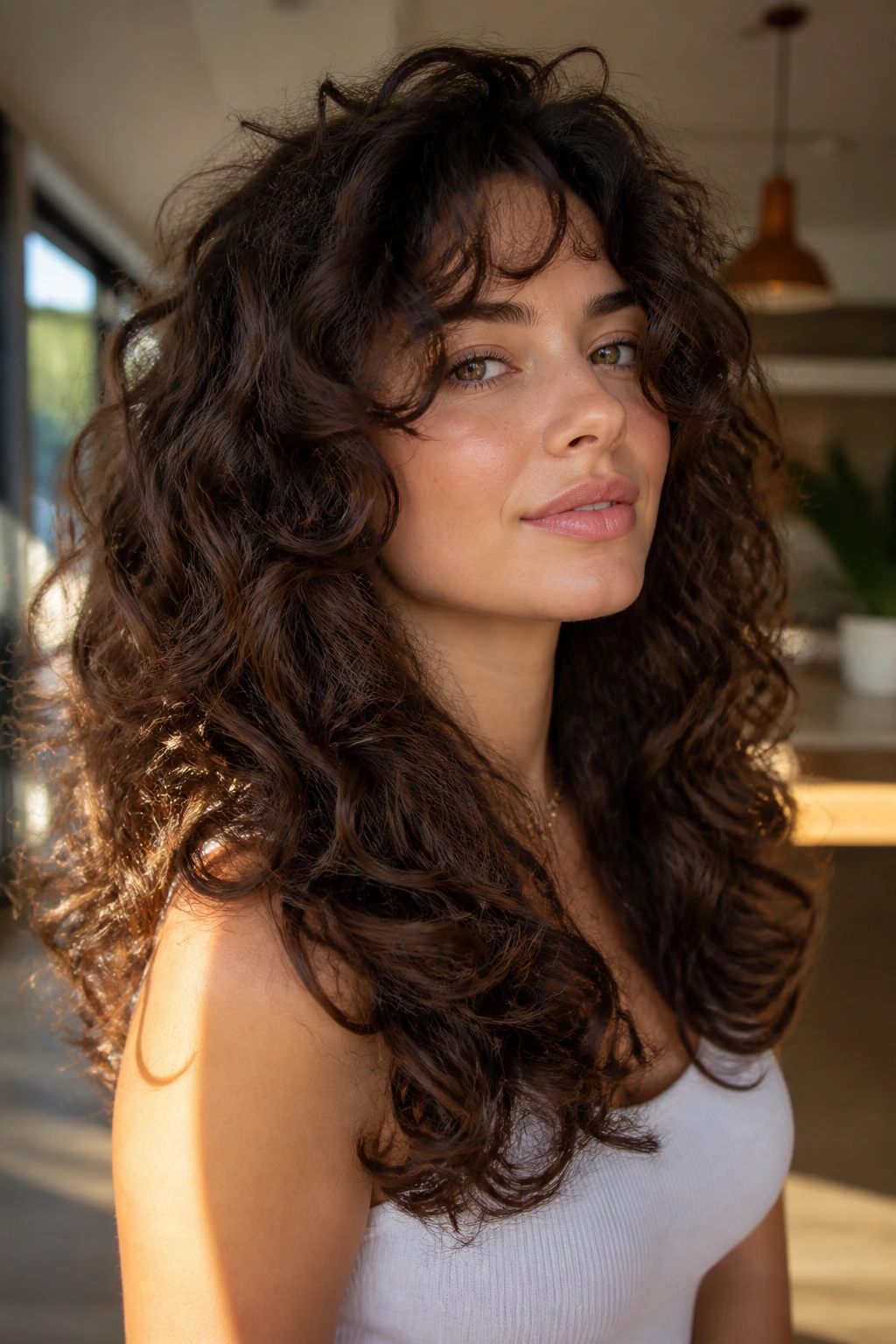 Close-up portrait of a real woman with heavy perimeter and airy top layers in a warm indoor setting.