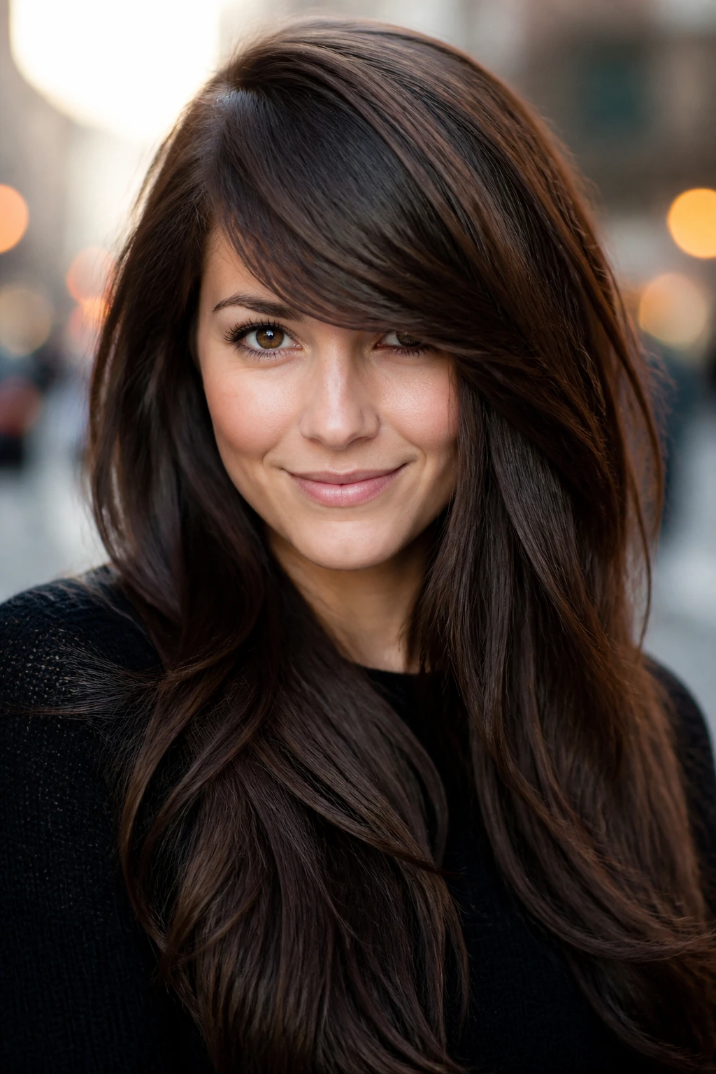Close-up of heavy side-sweep bangs on a real person in an urban setting