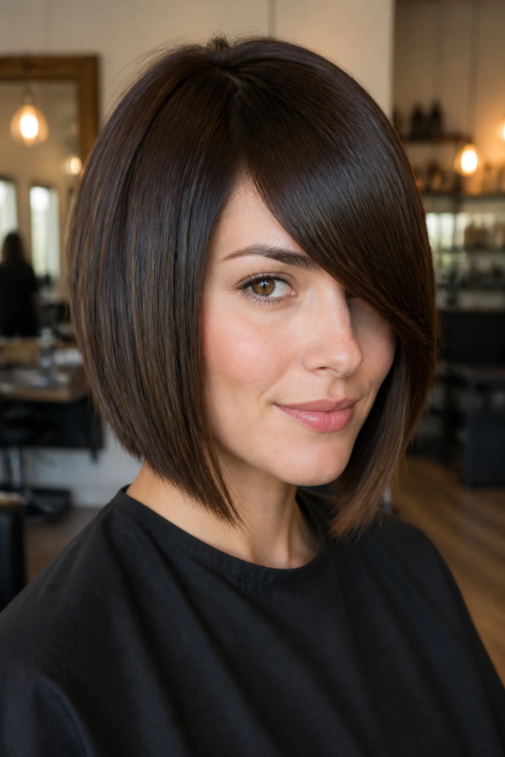 Close-up portrait of a woman with heavy side-bang A-line bob in warm salon light