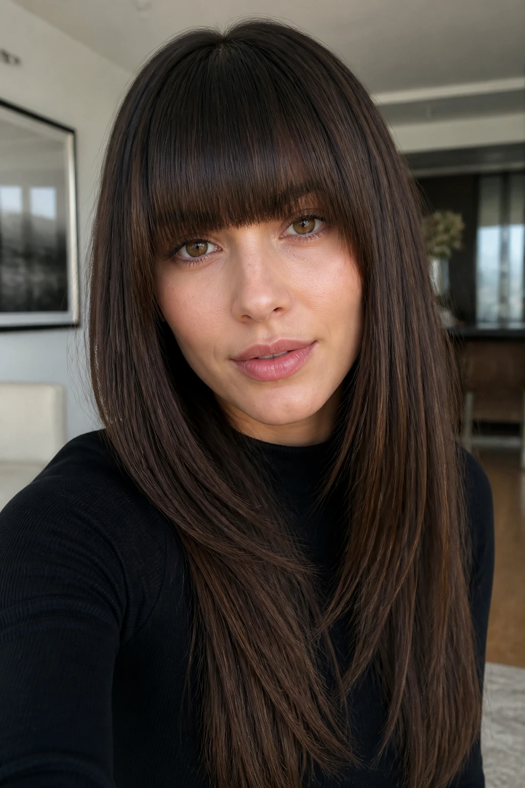 Real person with heavy straight fringe and long polished length in a softly lit room