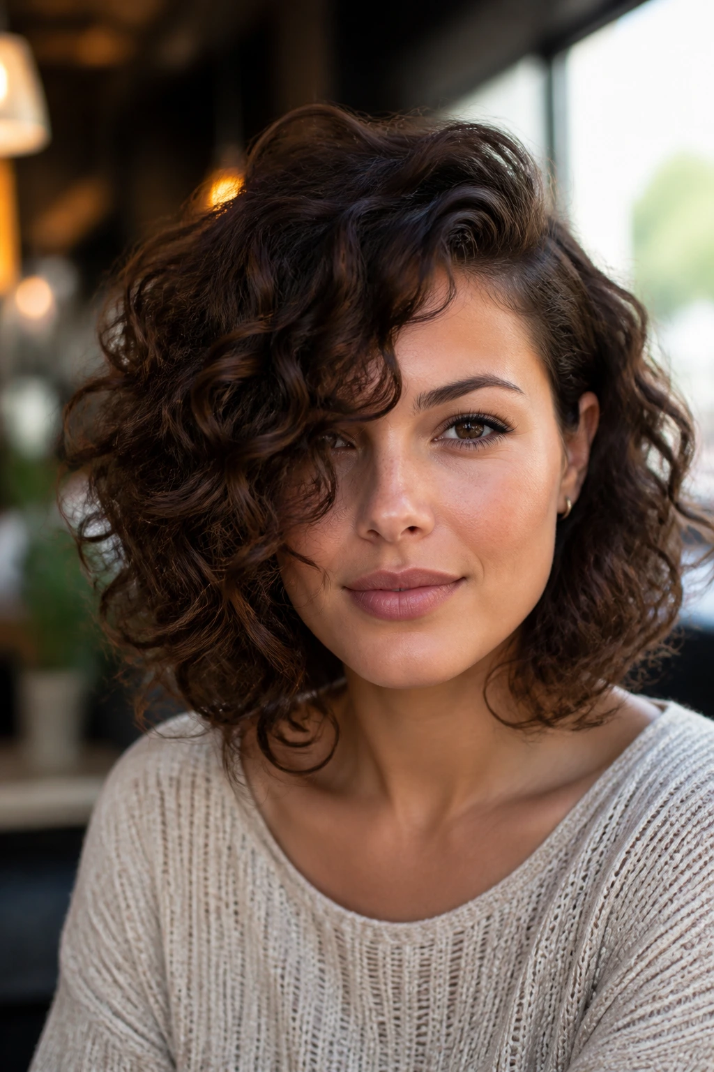 Portrait of a woman with a heavy-front lob sweeping diagonally across the forehead.