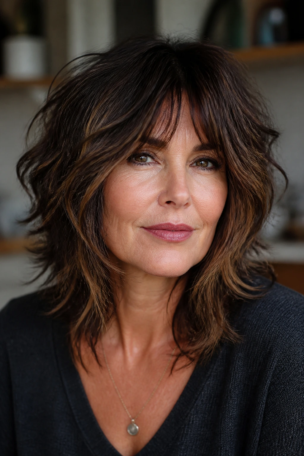 Close-up portrait of a woman with heavy-textured shag for thick hair and curtain bangs