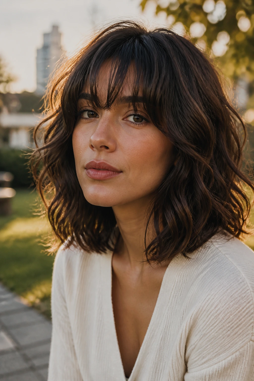 Close-up portrait of a real woman with heavy-wave lob and long fringe in golden hour park light