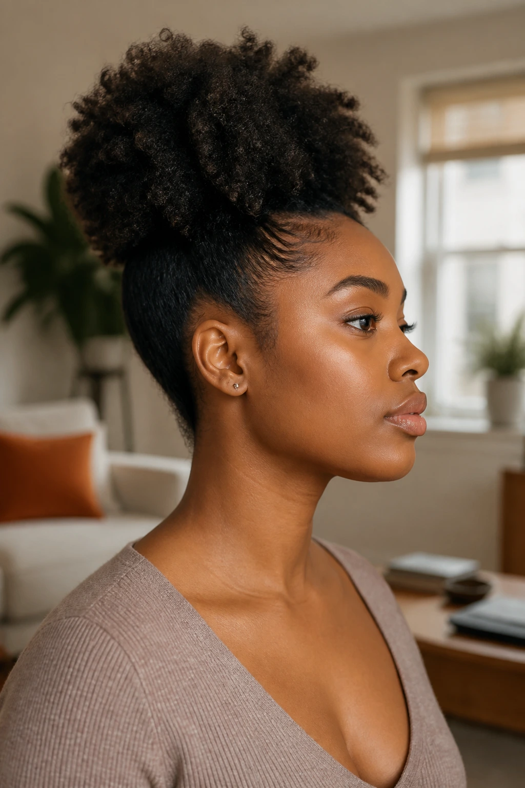 Close-up portrait showing a high puff and angled hairstyle affecting the face line