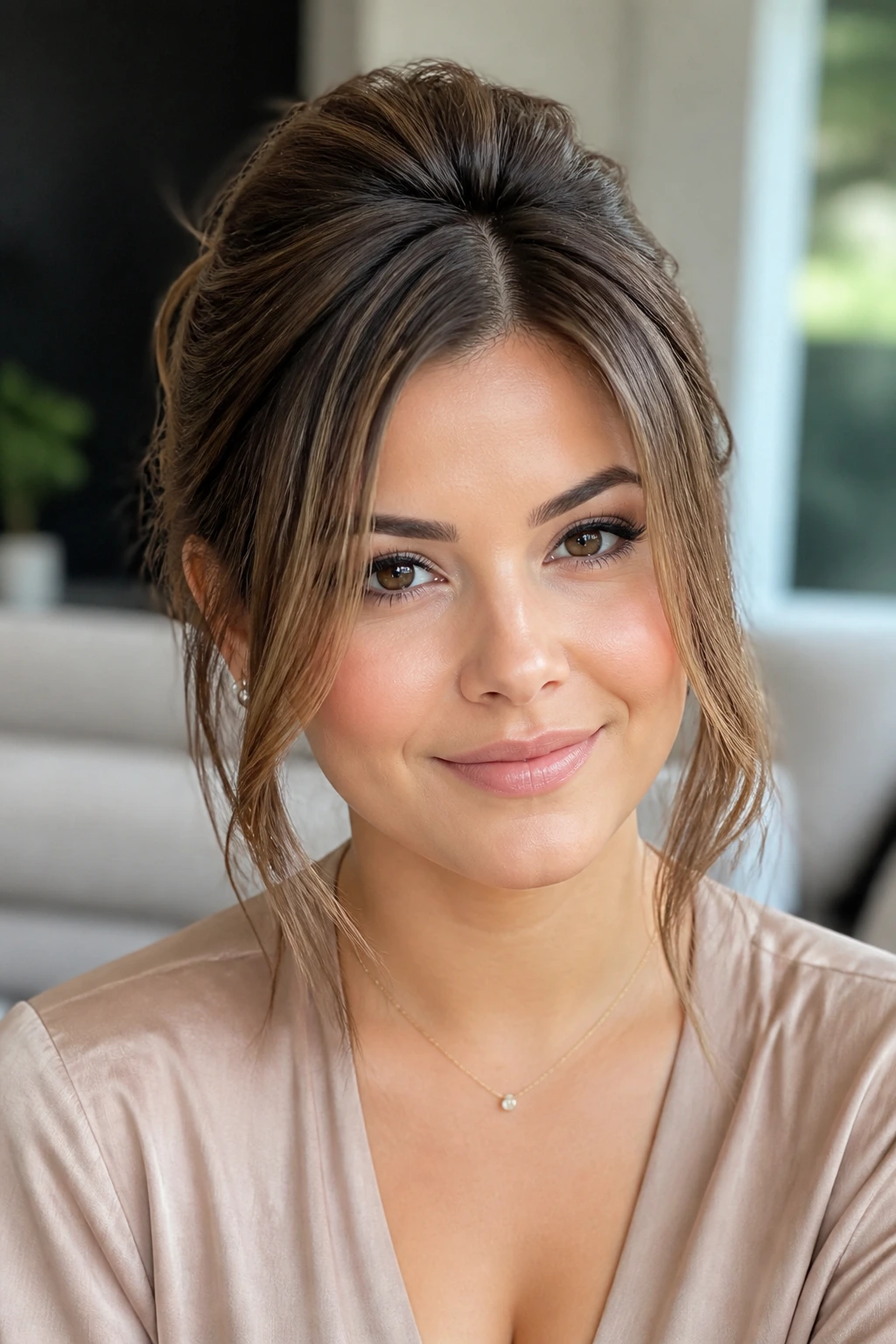 Portrait showing height-adding hairstyle with crown lift on a real woman