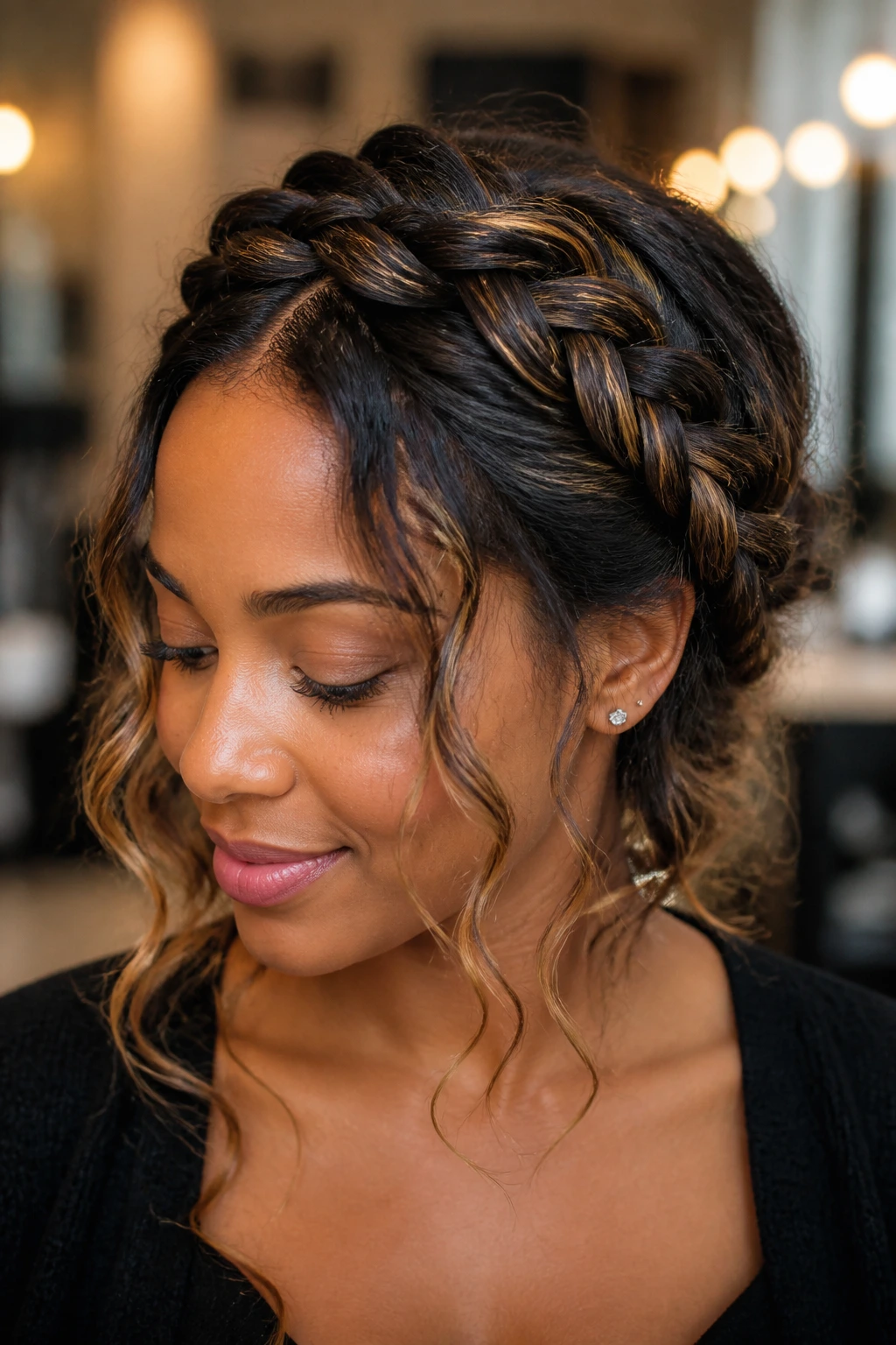 Portrait of a woman with a well-defined Dutch crown braid held together.