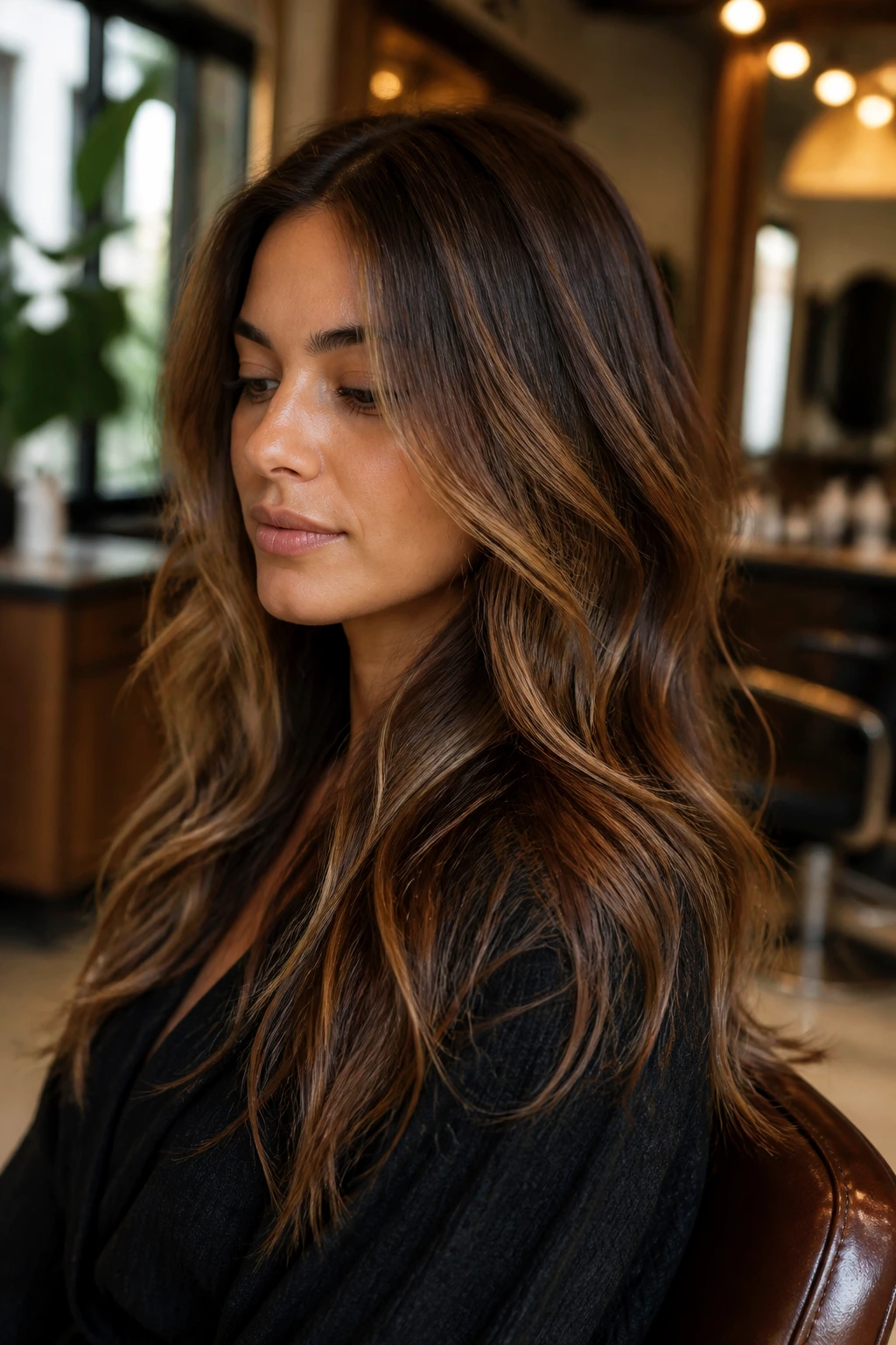Real woman with subtle herringbone highlights for a seamless finish in salon lighting