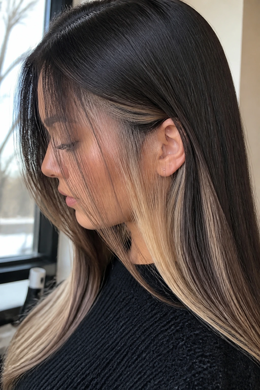 Profile of straight hair showing hidden blonde panels under the top layer