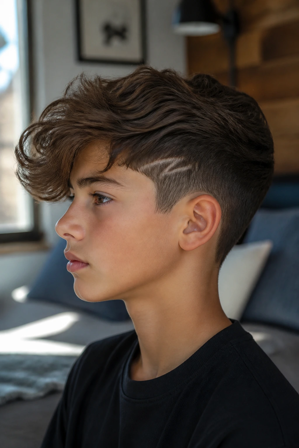 Side profile of a real boy with side-swept waves and a hidden bolt.
