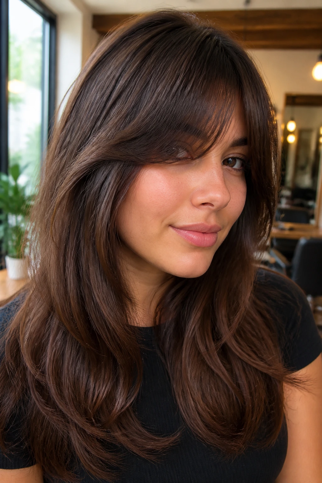 Close-up of a thick fringe with hidden bulk removal on a real person