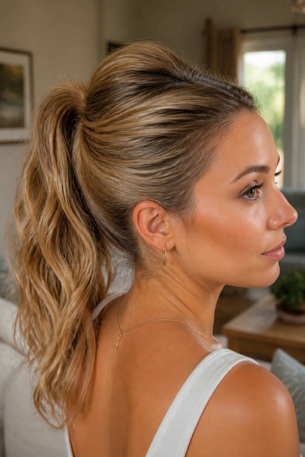 Close-up of a real woman with a high ponytail lifted by a hidden clip.