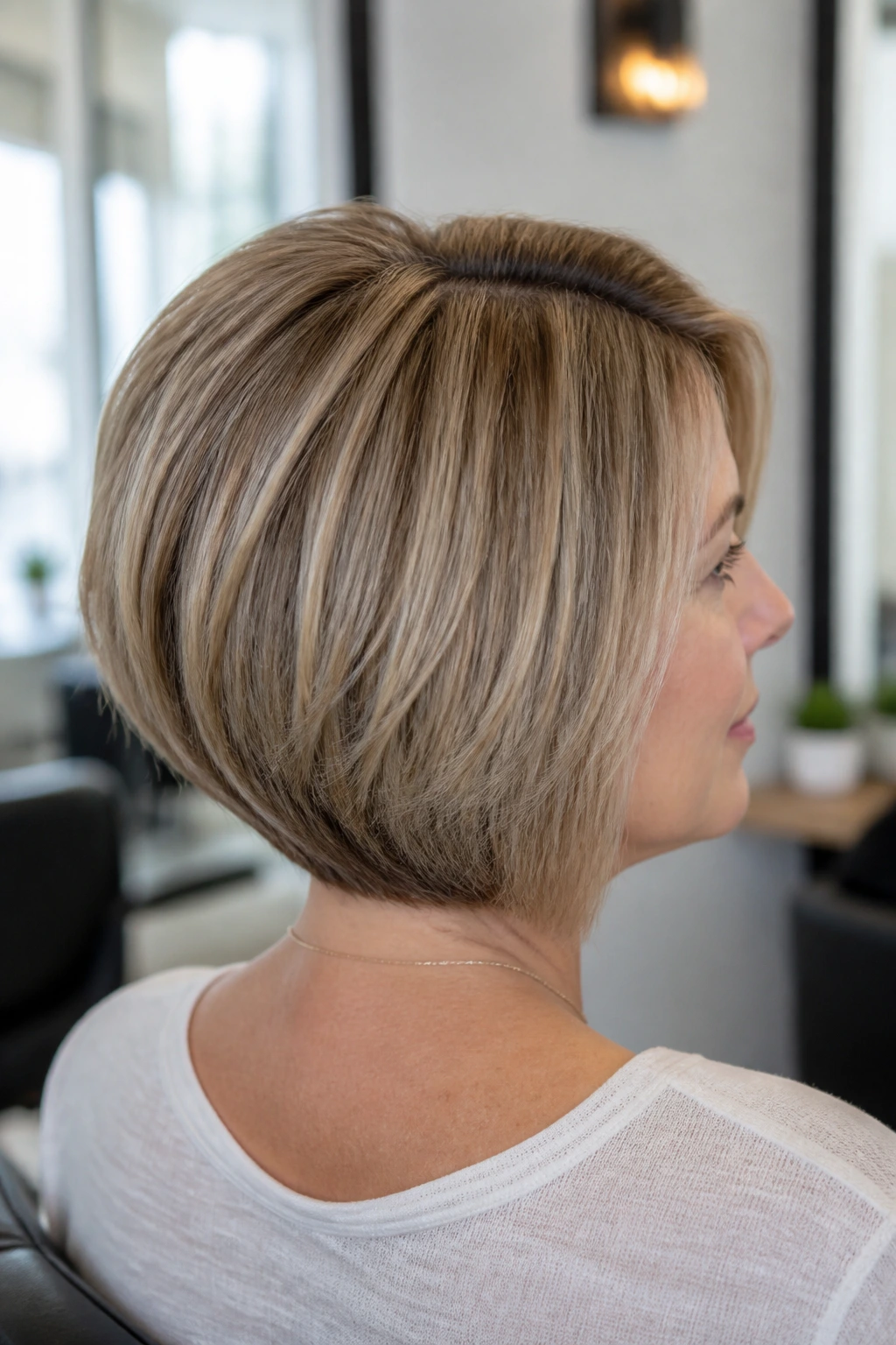 Close-up portrait of a real woman with Hidden-Crown Lift Bob showing crown lift and clean front on oval face