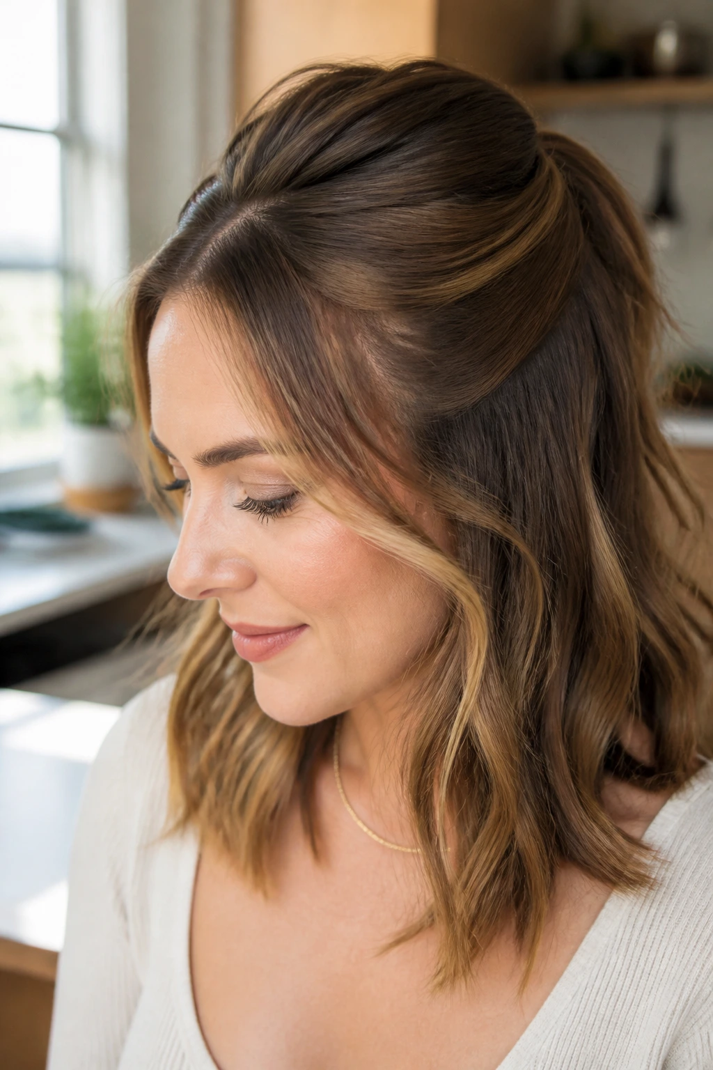Close-up of a real woman with a hidden-elastic half pony hairstyle